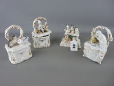 Victorian fairing titled 'Five o'clock Tea' and three pin boxes with decorative covers of figures