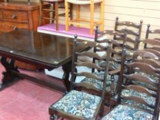 Polished wood draw leaf refectory style table and six (four plus two) ladderback dining chairs