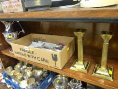 Electroplate coffee pot, pair of reproduction pillared candleholders and flatware CORRECTION CANDLE