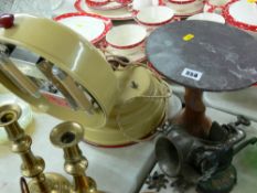Vintage barber Healthmaster heat lamp (display only), a slate top stand, a vintage mincer etc
