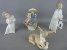 Four Lladro porcelain figurines of two young girls, a trumpeting angel and a comical 'Love-Me-Not'
