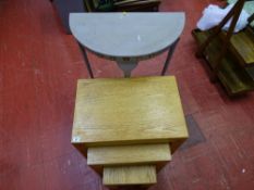 Light oak nest of three tables and a painted half moon hall table