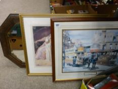 Two framed prints and a mirror