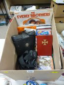 Box of LP and 45 rpm records, books, binoculars etc