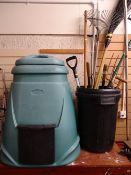 Parcel of long handled garden tools and a compost bin