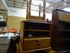 Pine three shelf entertainment unit with base drawer, a chair and an upholstered stool