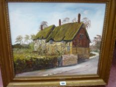 A C F oil on canvas - study of a thatched roadside cottage, 38 x 45 cms