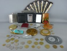 Four vintage compacts and one other, two modern hip flasks, a quantity of Mediterranean and other
