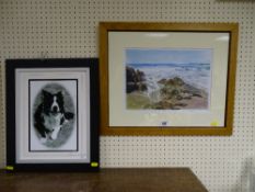 Framed coloured print - Porth Nobla, 25 x 35 cms and a photographic print of a friendly sheepdog