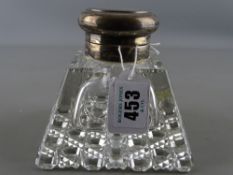 Good half pyramid shape inkstand with hobnail cut base and hallmarked silver lid with presentation