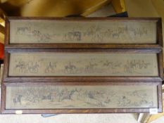 Set of three vintage hunting prints - 'Death & the Dortors', 'Struggle for a Start' etc, 9.5 x 60