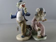 Two Nao porcelain figurines of a young Pierrot with puppy and a clown with a bouquet of flowers