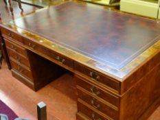 Excellent reproduction twin pedestal partner desk with gilt tooled red leather top, 183 x 123 x 80