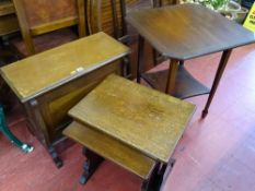 Lidded cabinet, two oak occasional tables and an inlaid mahogany side table