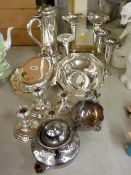 Good parcel of electroplate including short stemmed candleholders, food warmers etc