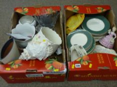 Two boxes of mixed porcelain and glassware and a conch shell