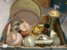 Box of mainly copperware and brassware including spring balances etc