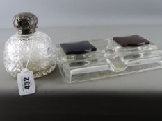 Hobnail cut salts bottle with silver lid and interior stopper (hinge requiring attention) and a