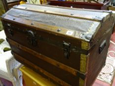 Vintage metal banded dome topped trunk with iron carry handles