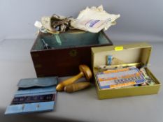 Victorian mahogany lidded box containing an interesting quantity of vintage buttons and sewing