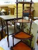 Two tier occasional table on castors, reproduction four shelf corner whatnot and a painted