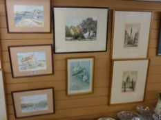 Good pair of vintage prints - historical city scenes, two other prints and three watercolours -