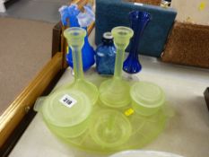 Vintage green glass dressing table set and other glassware