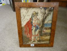 Burr walnut framed tapestry of a Continental man at arms, draped in a red robe, 39 x 32 cms overall