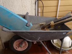 Galvanized garden barrow with long handled tools and kneeler
