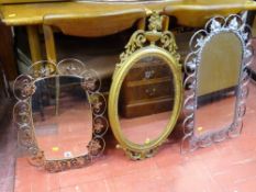 Parcel of three modern ornate mirrors and an antique re-enamelled longcase clock dial