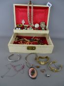 Vintage jewellery box and contents including a Victorian pinchbeck brooch, a white metal vesta case,