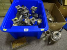 Electroplate candelabra and a tub of electroplate and another box of similar