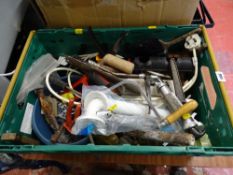 Crate of various garage items - grease gun, spanners, screwdrivers etc E/T