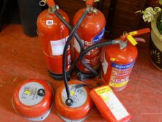 Parcel of three powder fire extinguishers and two fire hand bells (not tested)