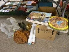 Parcel of miscellaneous items including folding carved table, frosted perspex figures, railway etc