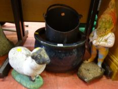 Circular garden planter, coal scuttle, garden gnome and garden sheep ornament
