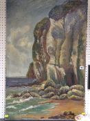 Unsigned oil on canvas - coastal cliff scene, 92 x 60 cms