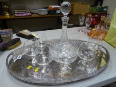 Large galleried electroplate tray, six brandy glasses and a ship's decanter with stopper