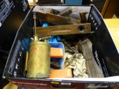 Box of vintage garage hand tools including block planes, hand drill, vintage brass pressure