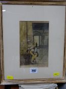 Watercolour - Continental scene entitled 'The Beggar of Valencia' signed with initials 'OP or CP',