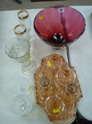 Good cranberry glass bowl, amber glass dressing table set etc