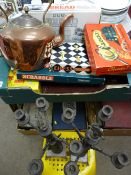 French cast candleholders on marble bases, vintage copper kettle and miscellaneous board games