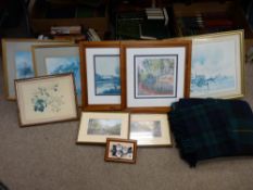 Two checked travel blankets and a quantity of prints etc