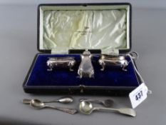 Cased Walker & Hall three piece silver cruet set with silver and other mustard and salt spoons