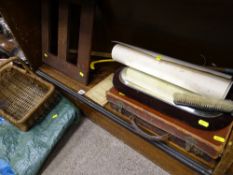 Parcel of assorted collectable items including old briefcase, prints, music stand etc