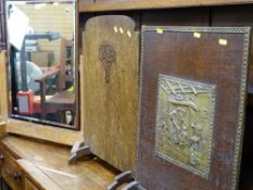 Oak dressing mirror and two vintage firescreens