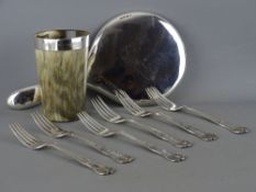 Horn beaker with silver rim, a Chester hallmarked hand mirror and six EPNS King's pattern table