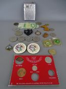 Mixed collection of vintage coins, crowns and pendant medallions along with two commemorative pin