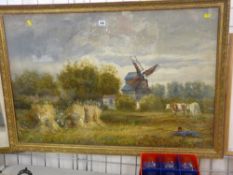 Unsigned English School large watercolour - harvesting scene with cattle and windmill to the