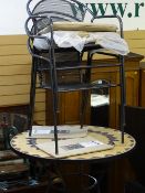 As new metal and mosaic type top circular garden table with three metal framed armchairs